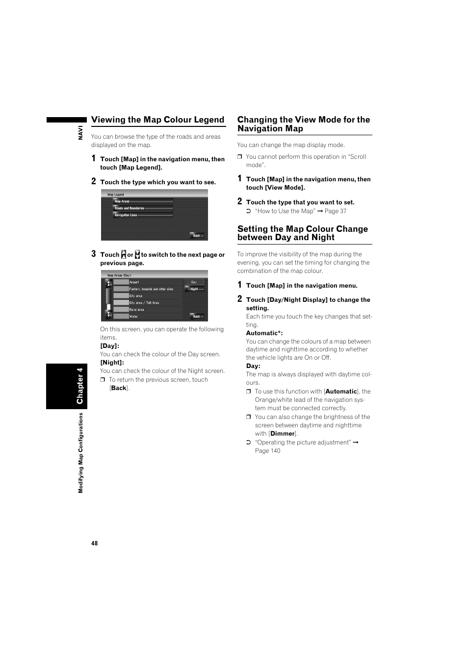 Map 48, Setting the map colour change between day and, Night 48 | Setting the map colour change between | Pioneer AVIC-HD3 RU User Manual | Page 50 / 194
