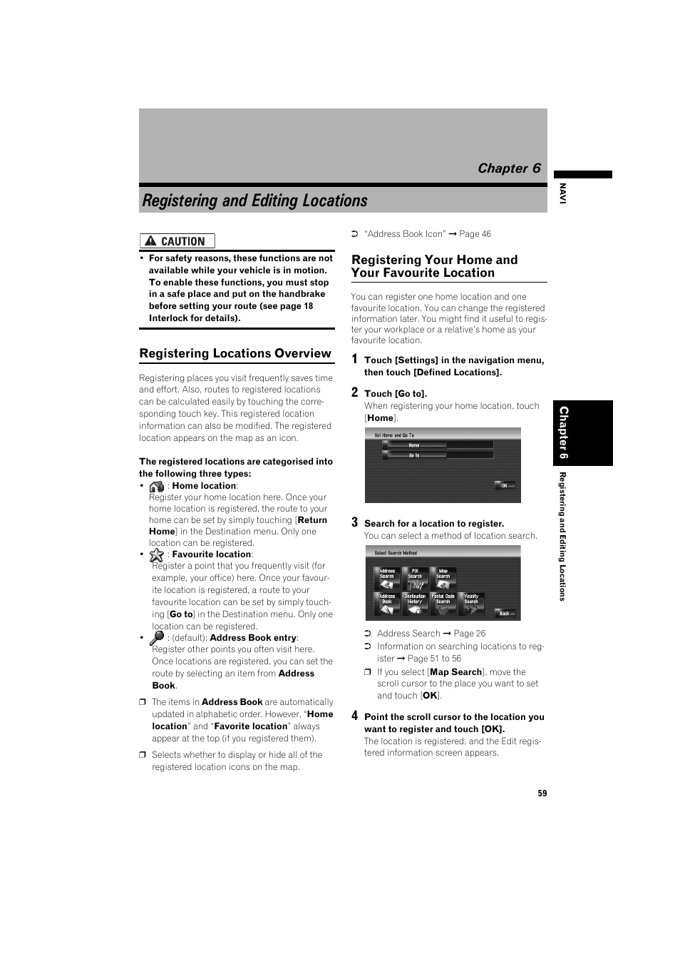 Registering and editing locations, Chapter 6, Location 59 | Registering your home and your favourite, Registering locations overview, Registering your home and your favourite location | Pioneer AVIC-HD3 RU User Manual | Page 61 / 194