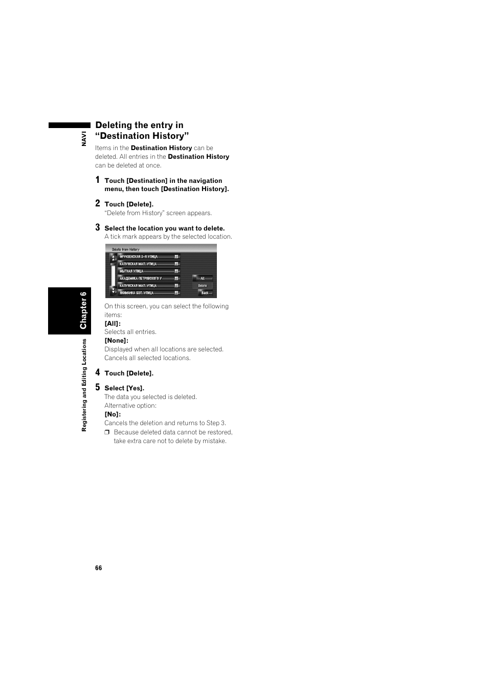 Deleting the entry in “destination history” 66, Deleting the entry in “destination history | Pioneer AVIC-HD3 RU User Manual | Page 68 / 194