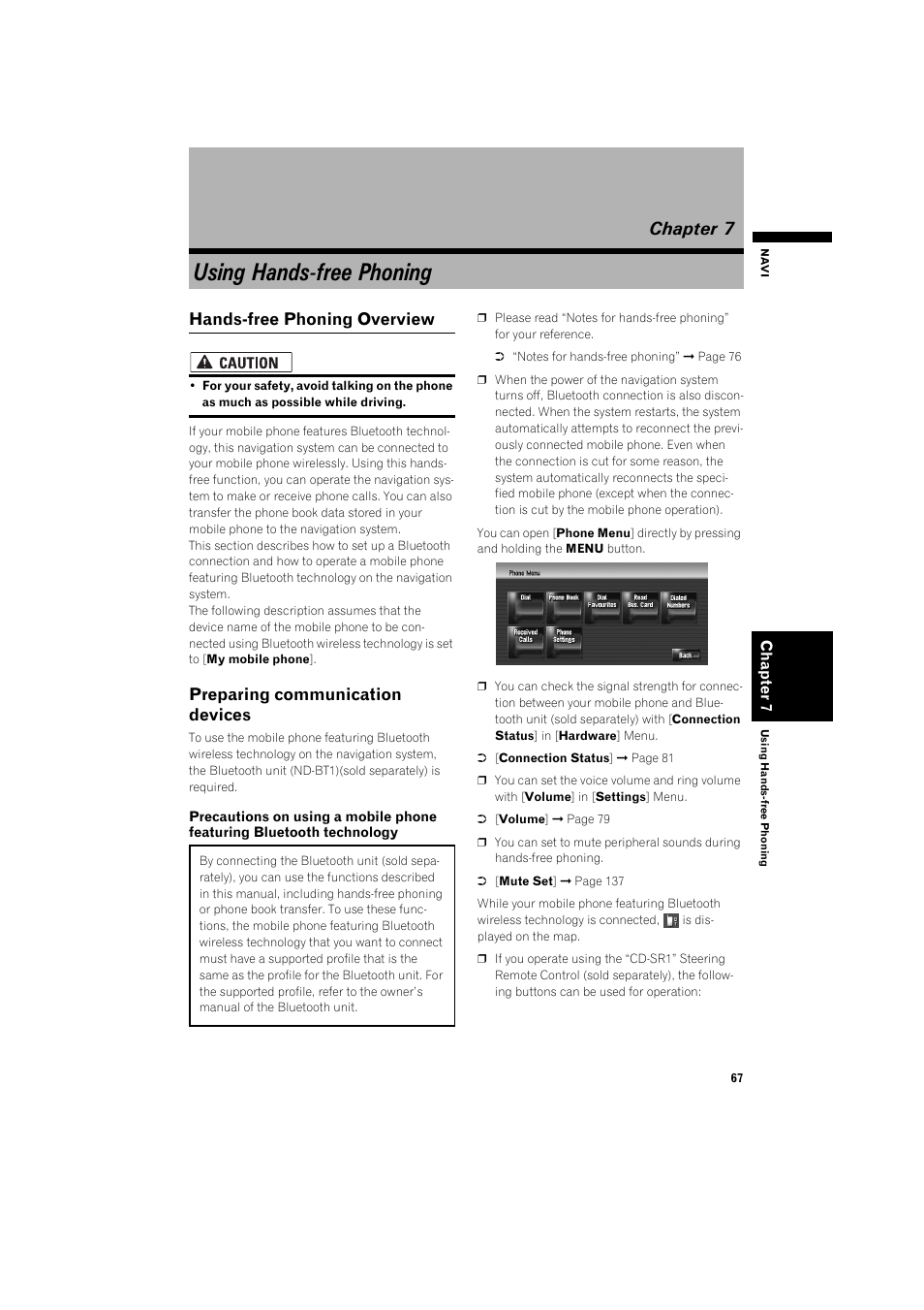 Using hands-free phoning, Chapter 7, Hands-free phoning overview 67 | Preparing communication devices 67, Hands-free phoning overview, Preparing communication devices | Pioneer AVIC-HD3 RU User Manual | Page 69 / 194