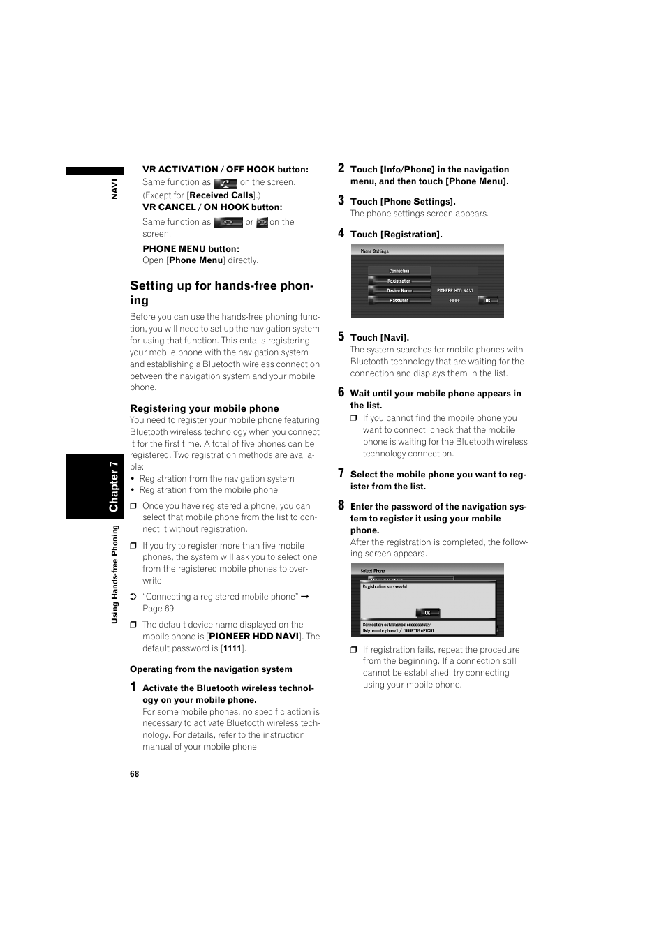 Setting up for hands-free phoning 68, Setting up for hands-free phon- ing | Pioneer AVIC-HD3 RU User Manual | Page 70 / 194