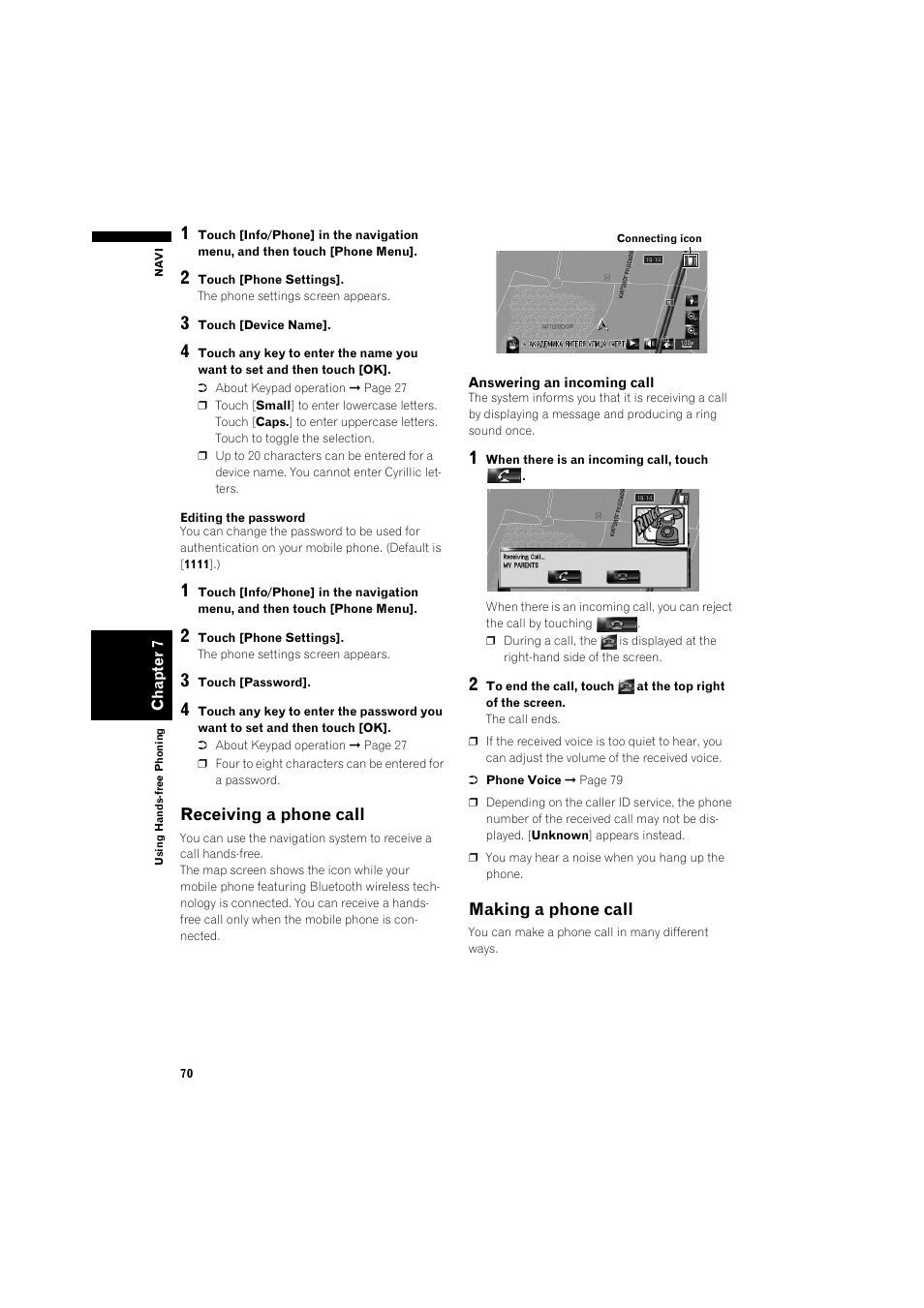 Receiving a phone call 70, Making a phone call 70, Receiving a phone call | Making a phone call | Pioneer AVIC-HD3 RU User Manual | Page 72 / 194