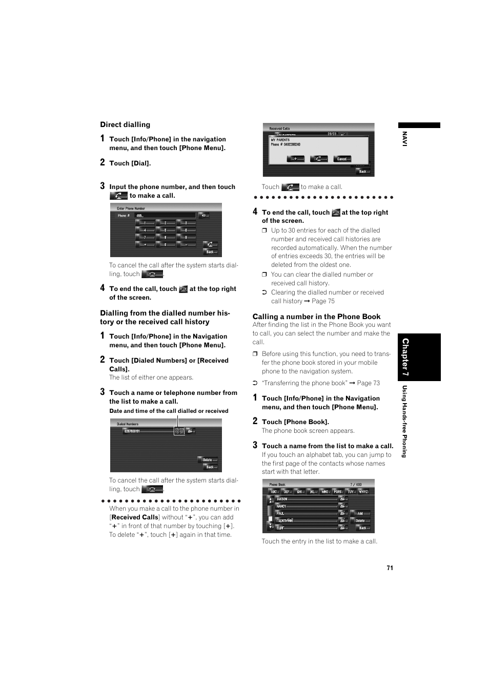 Calling a number in the phone book | Pioneer AVIC-HD3 RU User Manual | Page 73 / 194