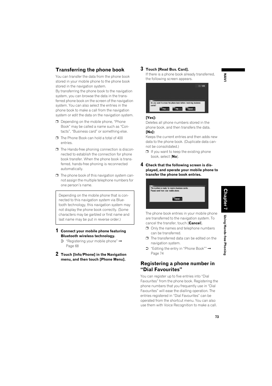 Transferring the phone book 73, Registering a phone number in “dial, Favourites” 73 | Transferring the phone book, Registering a phone number in “dial favourites | Pioneer AVIC-HD3 RU User Manual | Page 75 / 194