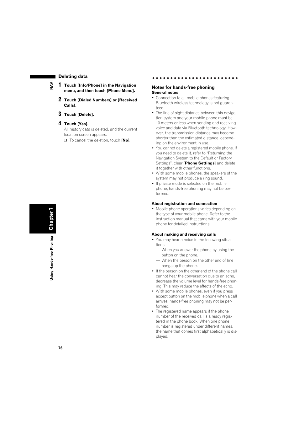 Se read “notes for hands-free phoning | Pioneer AVIC-HD3 RU User Manual | Page 78 / 194