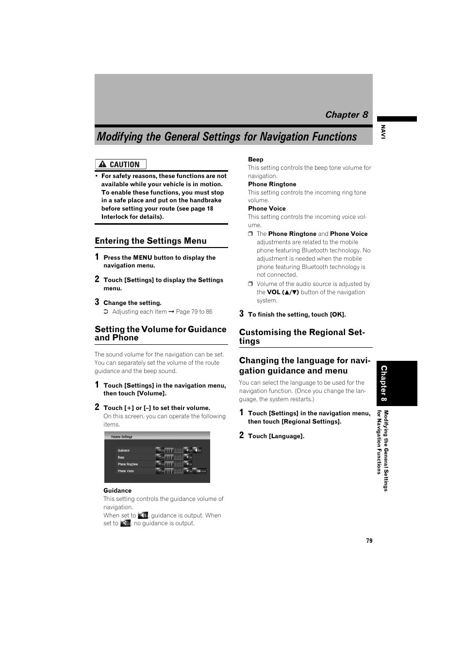 Chapter 8, Changing the language for navigation guidance, And menu 79 | Customising the regional settings, Settings menu ➞ chapter 8 | Pioneer AVIC-HD3 RU User Manual | Page 81 / 194