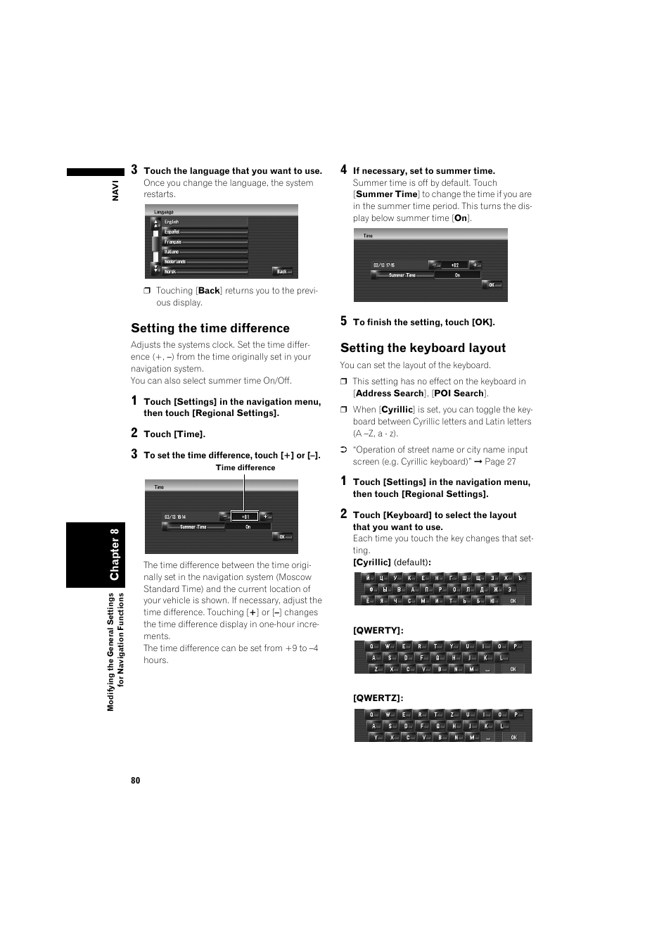 Setting the time difference 80, Setting the keyboard layout 80, Setting the time difference | Setting the keyboard layout | Pioneer AVIC-HD3 RU User Manual | Page 82 / 194