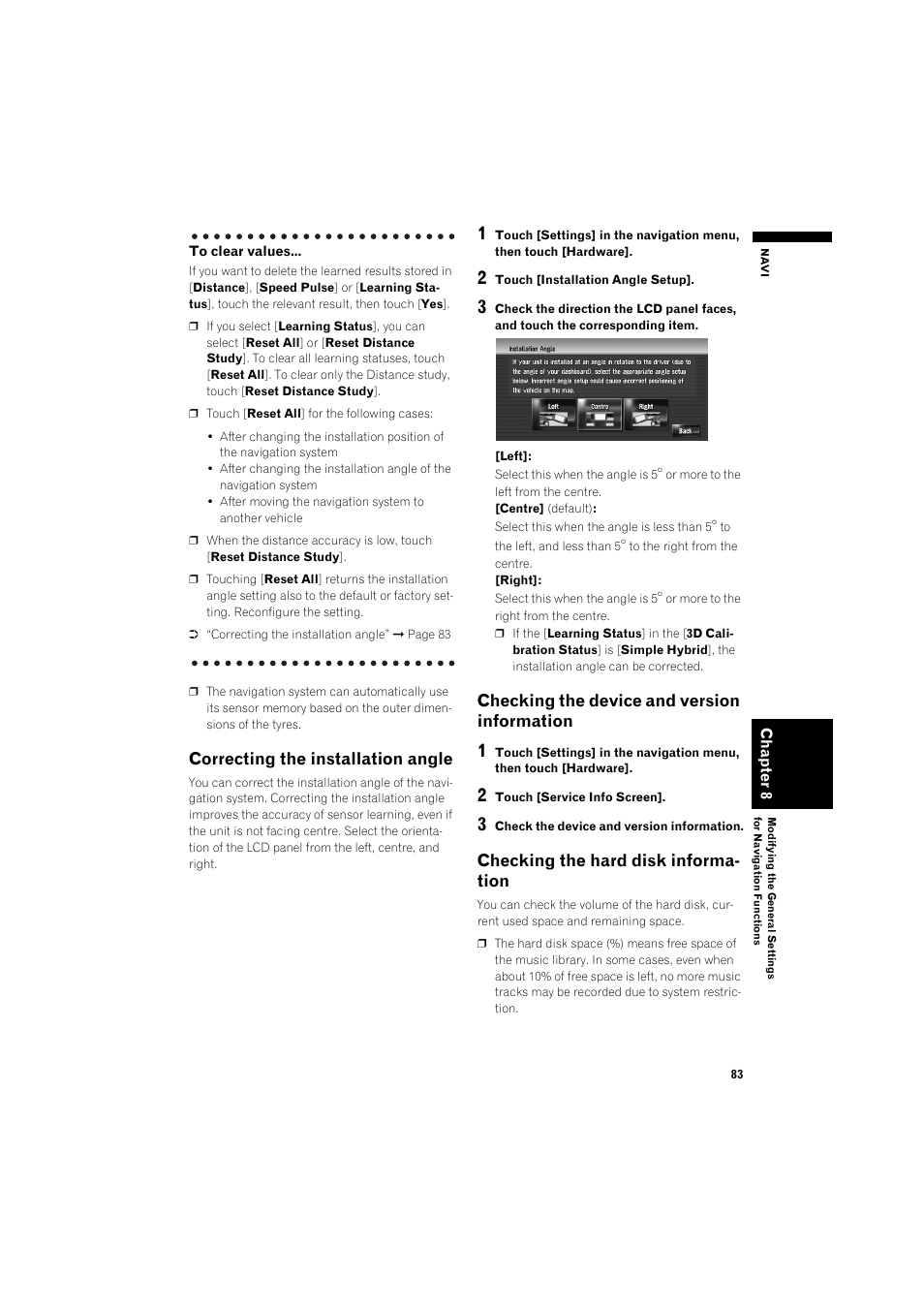 Correcting the installation angle 83, Checking the device and version, Information 83 | Checking the hard disk information 83, Correcting the installation angle, Checking the device and version information, Checking the hard disk informa- tion | Pioneer AVIC-HD3 RU User Manual | Page 85 / 194