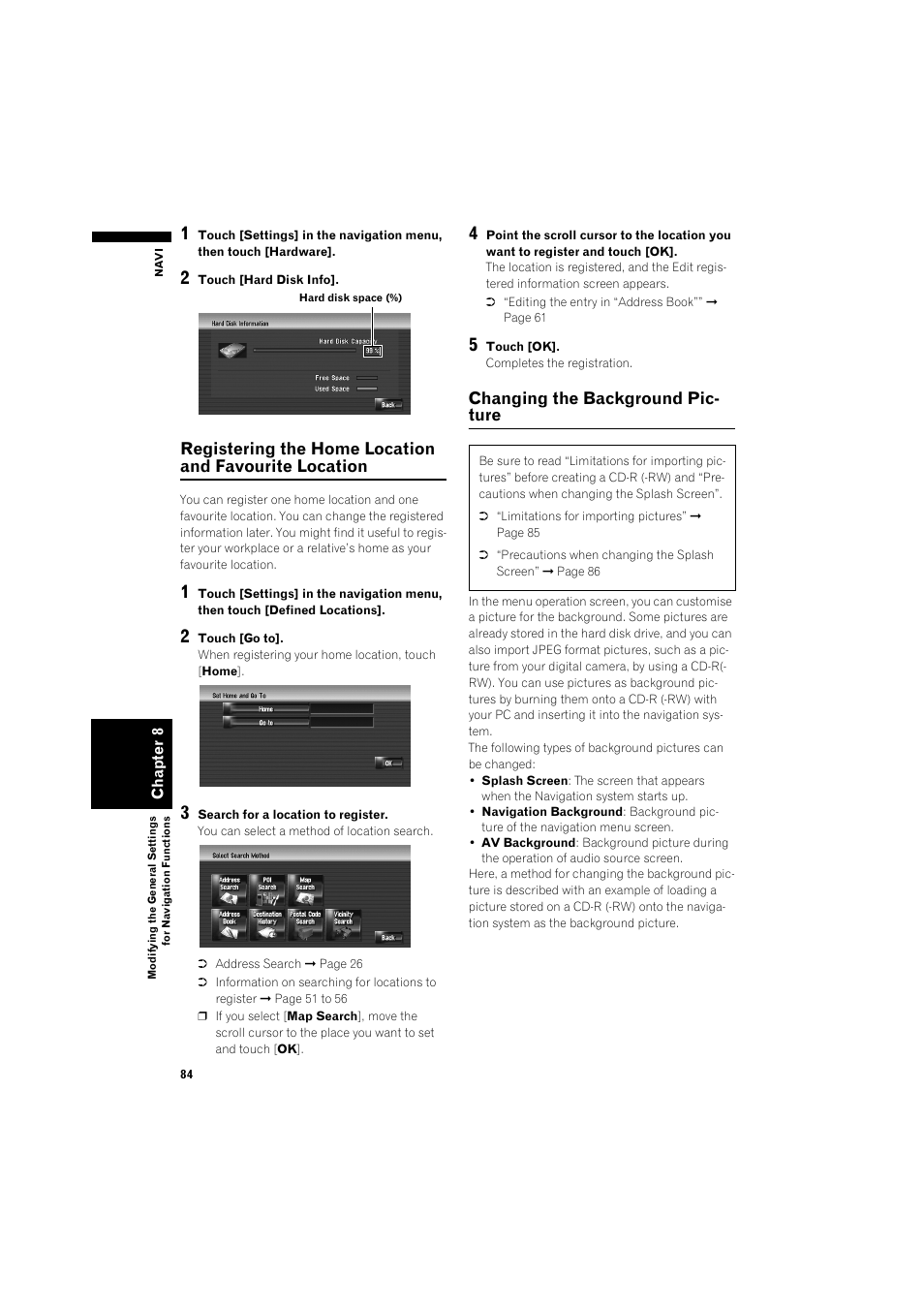 Registering the home location and favourite, Location 84, Changing the background picture 84 | Changing the background pic- ture | Pioneer AVIC-HD3 RU User Manual | Page 86 / 194