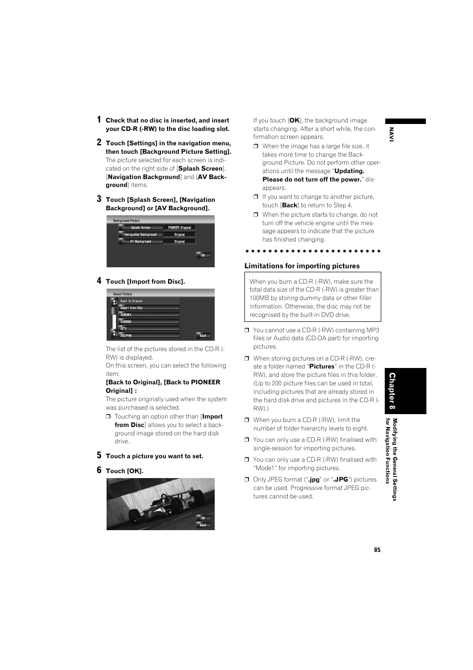 Limitations for importing pictures, To read “limitations for importing pic- tures” bef | Pioneer AVIC-HD3 RU User Manual | Page 87 / 194