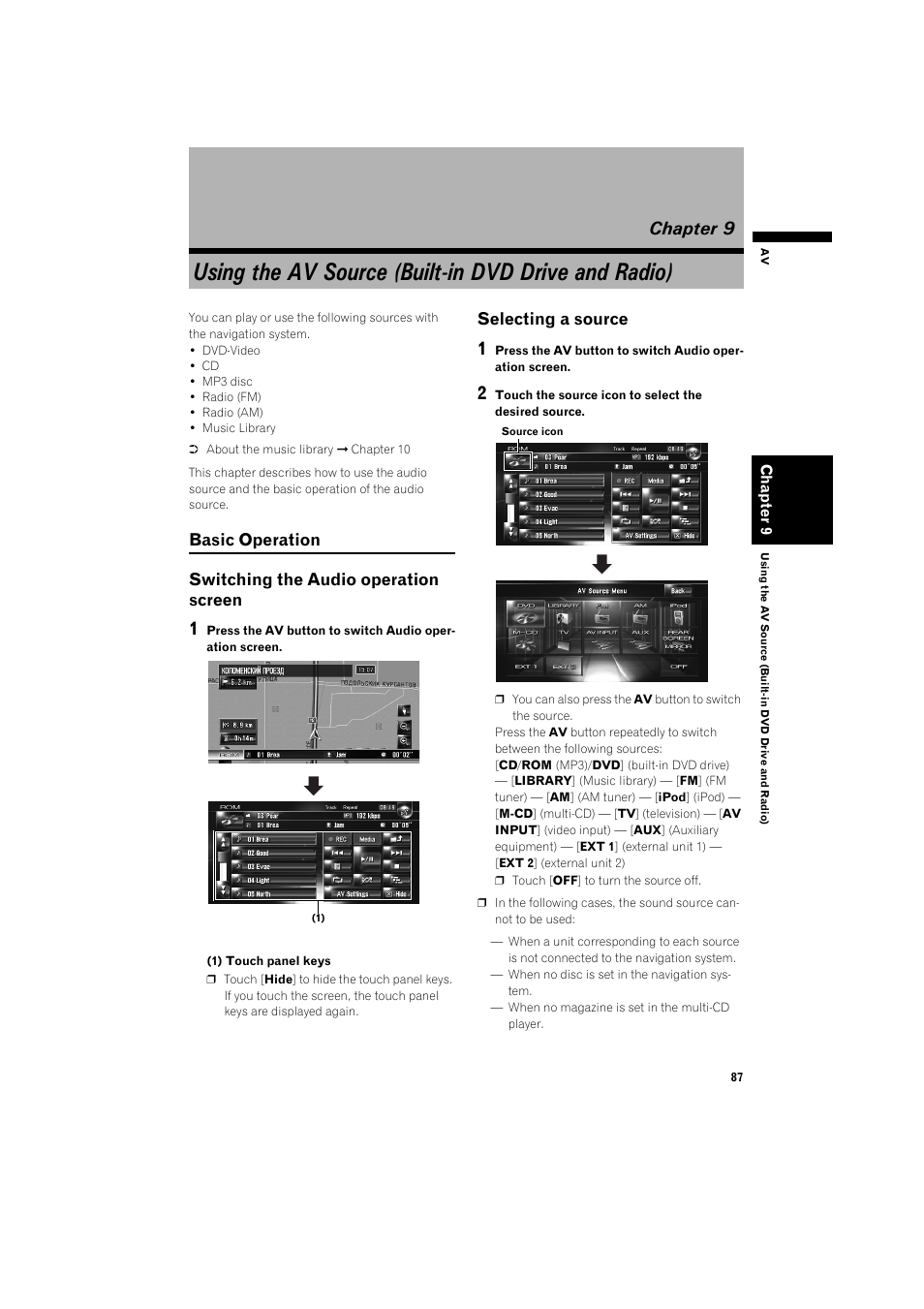 Using the av source (built-in dvd drive and radio), Chapter 9, Basic operation 87 | Switching the audio operation screen 87, Selecting a source 87 | Pioneer AVIC-HD3 RU User Manual | Page 89 / 194