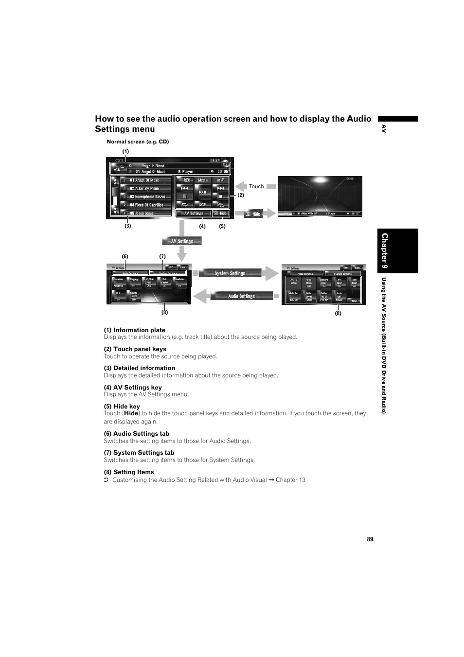 How to see the audio operation screen and how, To display the audio settings menu 89 | Pioneer AVIC-HD3 RU User Manual | Page 91 / 194