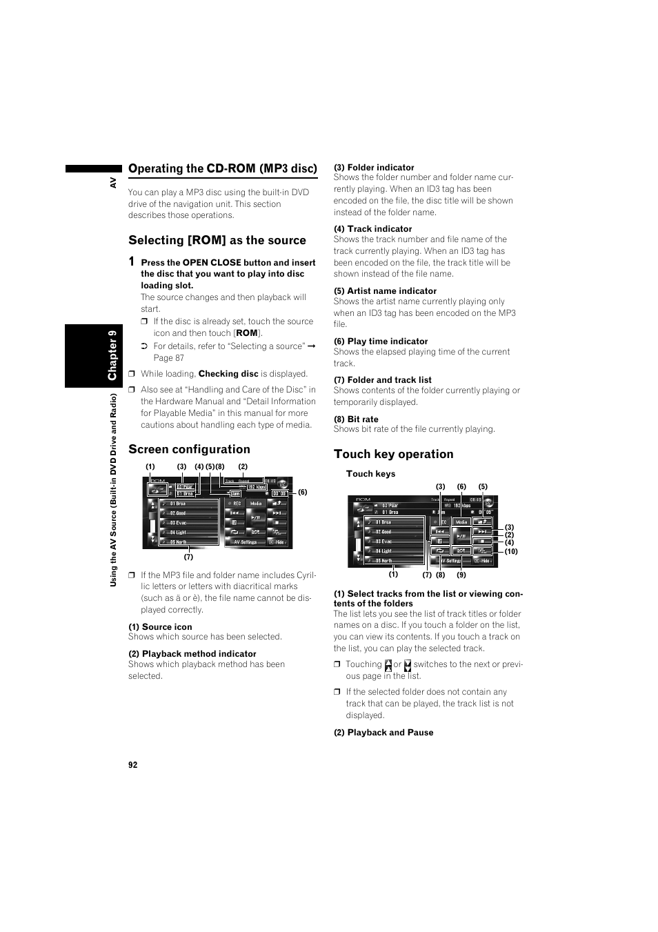 Operating the cd-rom (mp3 disc) 92, Selecting [rom] as the source 92, Screen configuration 92 | Touch key operation 92, Operating the cd-rom (mp3 disc), Selecting [rom] as the source, Screen configuration, Touch key operation | Pioneer AVIC-HD3 RU User Manual | Page 94 / 194