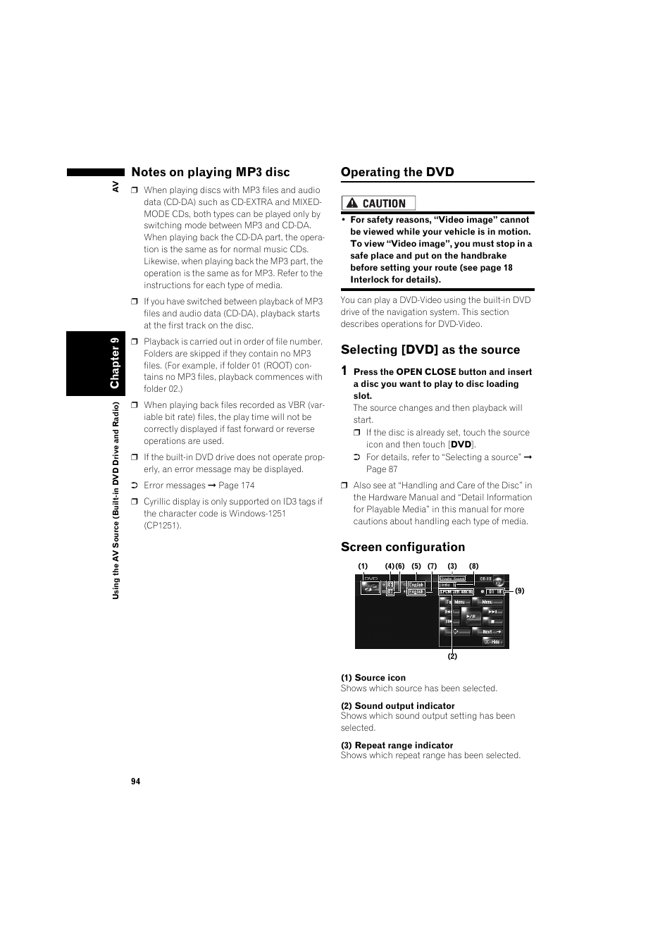 Notes on playing mp3 disc 94, Operating the dvd 94, Selecting [dvd] as the source 94 | Screen configuration 94, Operating the dvd, Selecting [dvd] as the source, Screen configuration | Pioneer AVIC-HD3 RU User Manual | Page 96 / 194