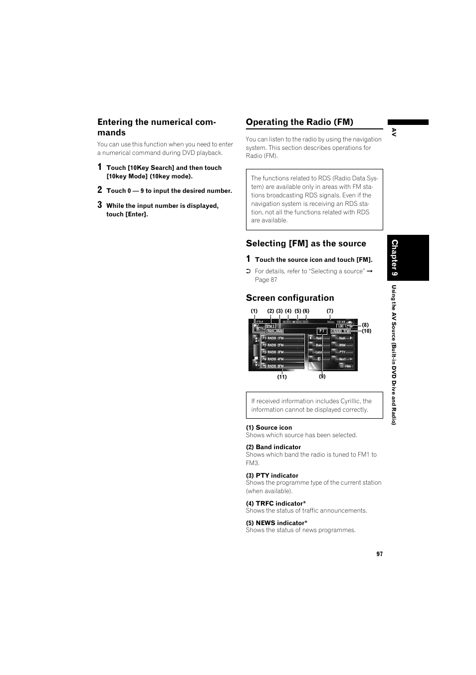 Entering the numerical commands 97, Operating the radio (fm) 97, Selecting [fm] as the source 97 | Screen configuration 97, Entering the numerical com- mands, Operating the radio (fm), Selecting [fm] as the source, Screen configuration | Pioneer AVIC-HD3 RU User Manual | Page 99 / 194