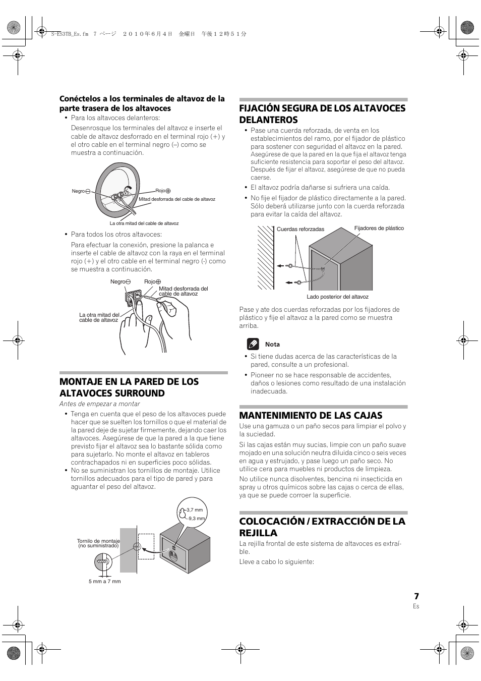 Montaje en la pared de los altavoces surround, Fijación segura de los altavoces delanteros, Mantenimiento de las cajas | Colocación / extracción de la rejilla | Pioneer S-ES3TB User Manual | Page 7 / 20
