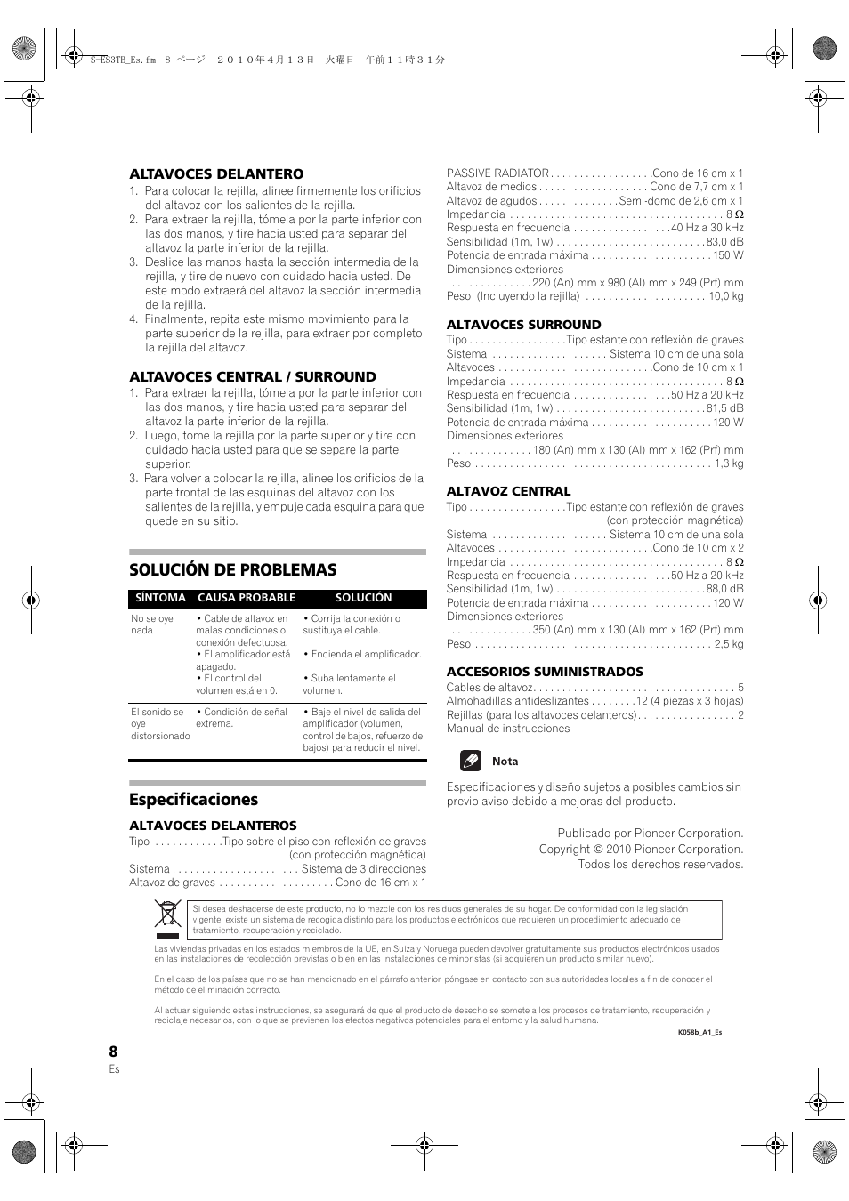 Altavoces delantero, Altavoces central / surround, Solución de problemas | Especificaciones, Solución de problemas especificaciones | Pioneer S-ES3TB User Manual | Page 8 / 20