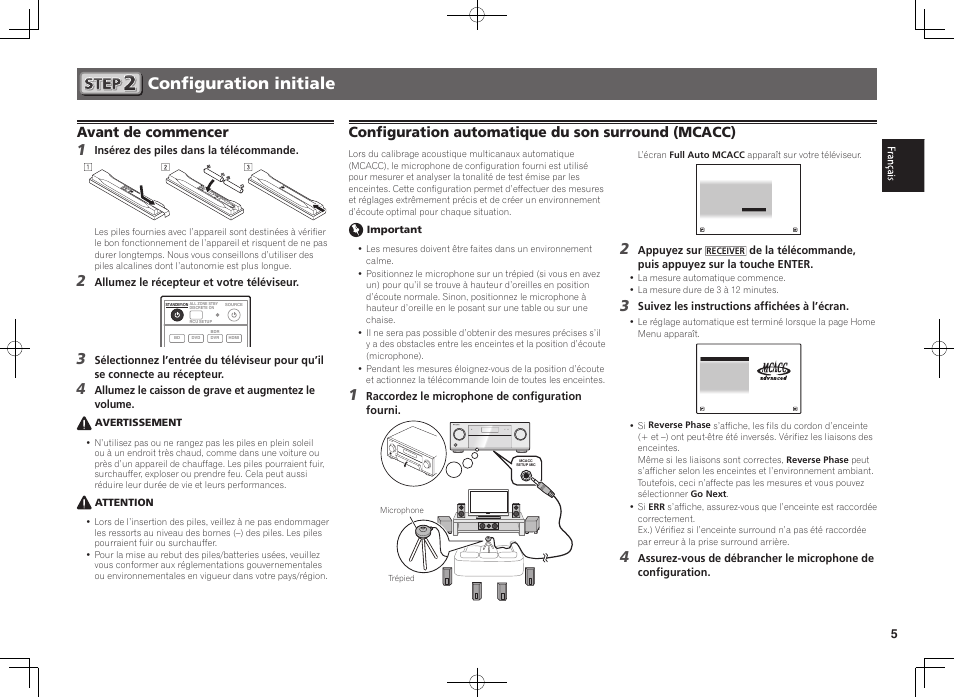 Configuration initiale, Avant de commencer, Configuration automatique du son surround (mcacc) | Pioneer SC-1223-S User Manual | Page 11 / 44