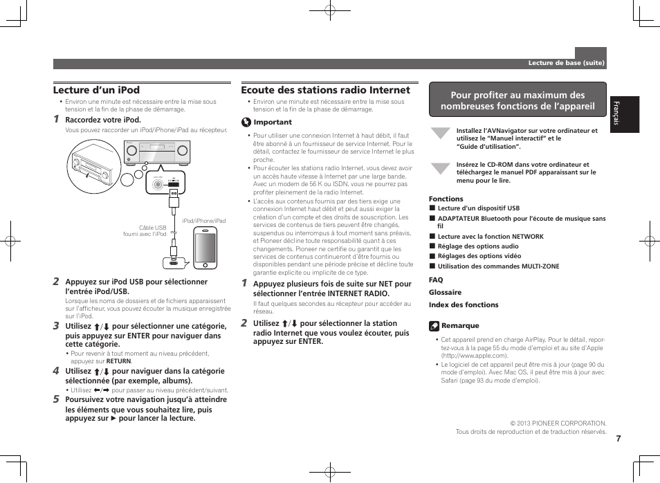 Lecture d’un ipod, Ecoute des stations radio internet | Pioneer SC-1223-S User Manual | Page 13 / 44