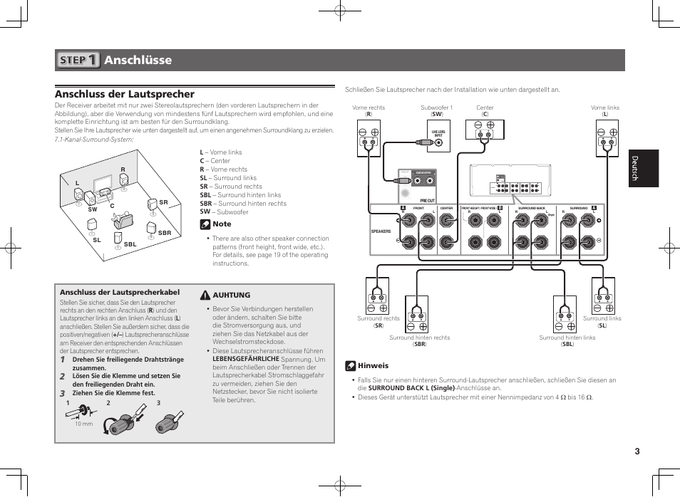 Anschlüsse, Anschluss der lautsprecher | Pioneer SC-1223-S User Manual | Page 15 / 44