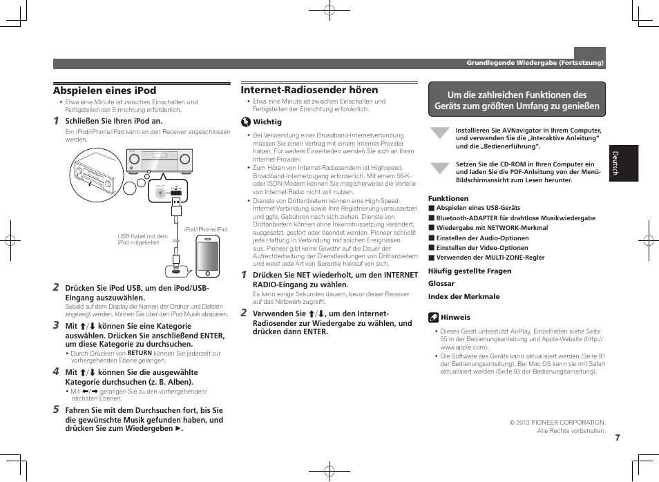Abspielen eines ipod, Internet-radiosender hören | Pioneer SC-1223-S User Manual | Page 19 / 44