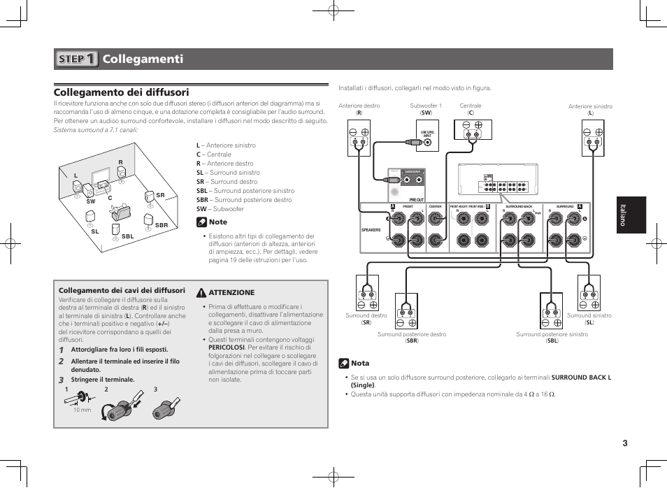 Collegamenti, Collegamento dei diffusori | Pioneer SC-1223-S User Manual | Page 21 / 44