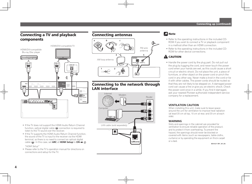 Connecting a tv and playback components, Connecting antennas antenna am loop fm unbal 75, Connecting to the network through lan interface | Pioneer SC-1223-S User Manual | Page 4 / 44