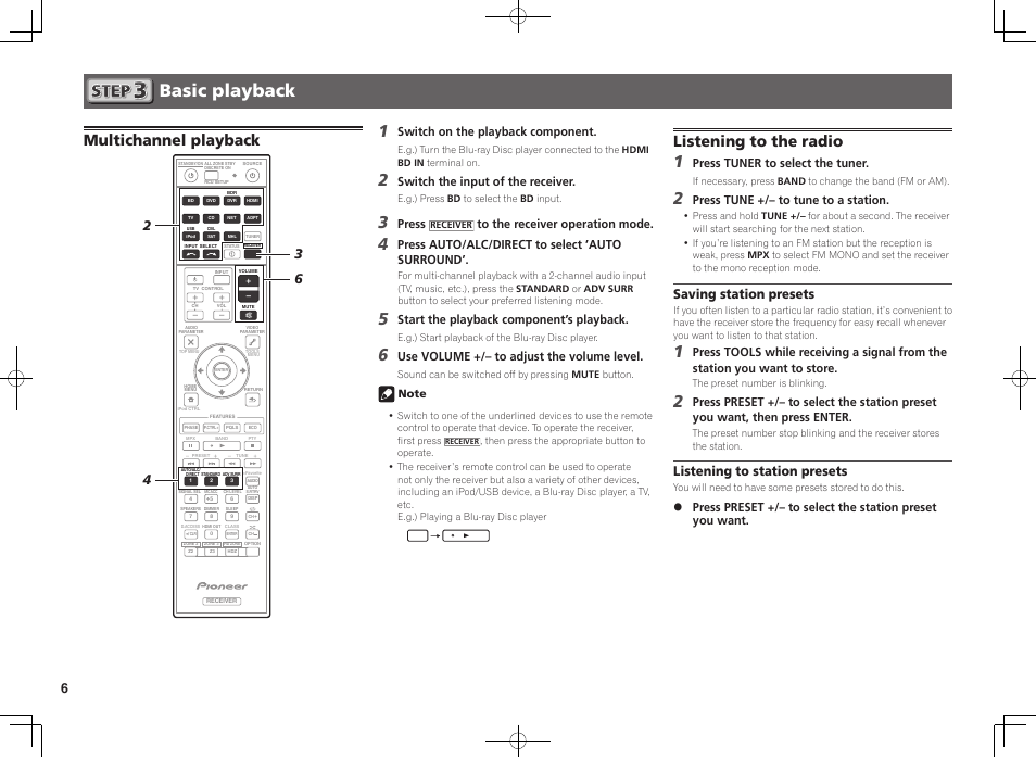 Basic playback, Multichannel playback, Listening to the radio | Saving station presets, Listening to station presets, Switch on the playback component, Switch the input of the receiver, Press, Press auto/alc/direct to select ’auto surround, Start the playback component’s playback | Pioneer SC-1223-S User Manual | Page 6 / 44