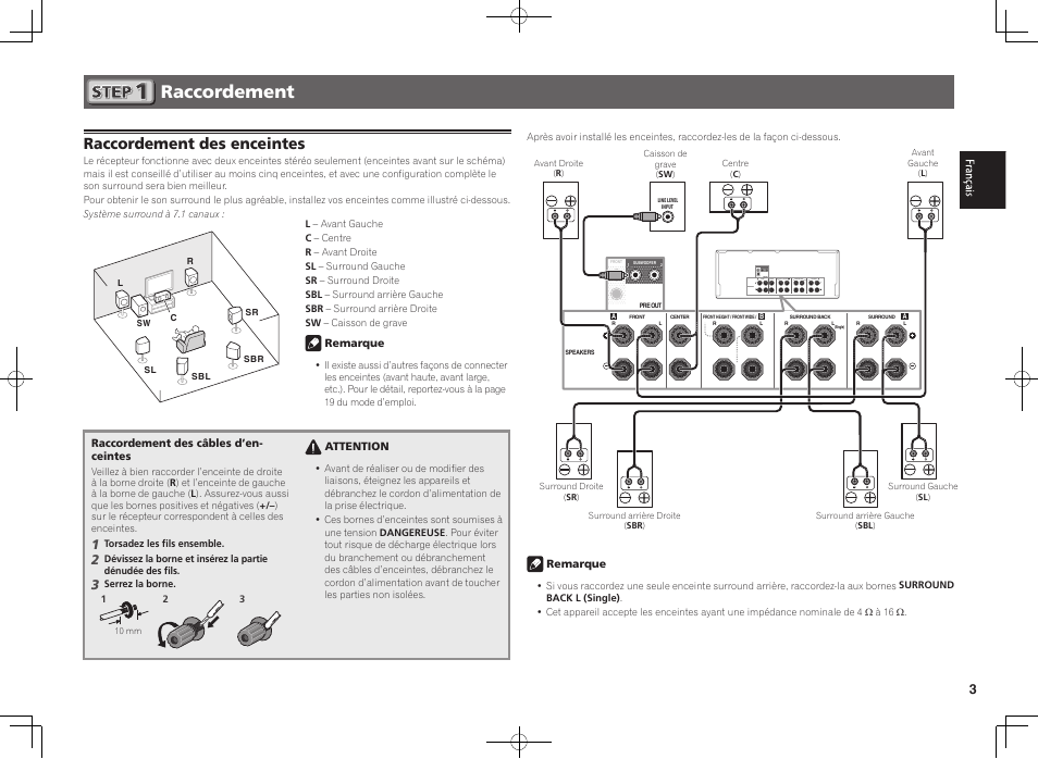 Raccordement, Raccordement des enceintes | Pioneer SC-1223-S User Manual | Page 9 / 44
