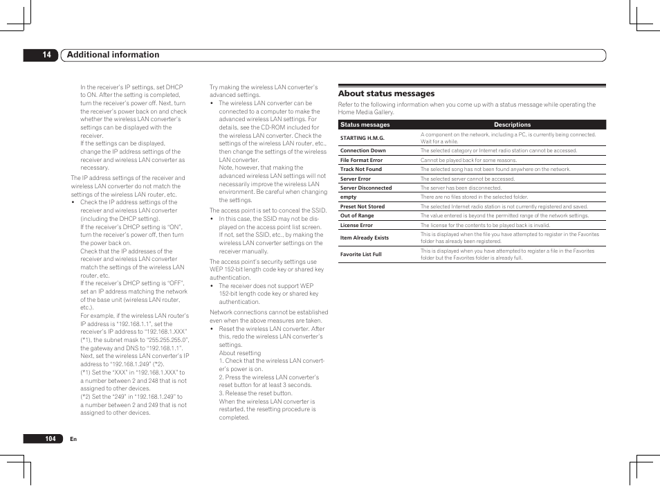 About status messages, 14 additional information | Pioneer SC-LX85 User Manual | Page 104 / 122