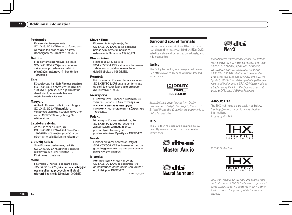 Surround sound formats about thx | Pioneer SC-LX85 User Manual | Page 108 / 122