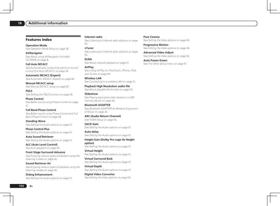 Features index | Pioneer SC-LX85 User Manual | Page 114 / 122