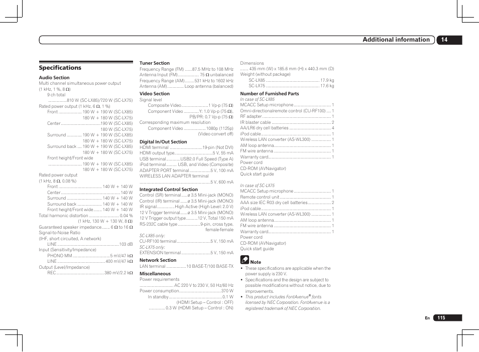 Specifications, 14 additional information | Pioneer SC-LX85 User Manual | Page 115 / 122