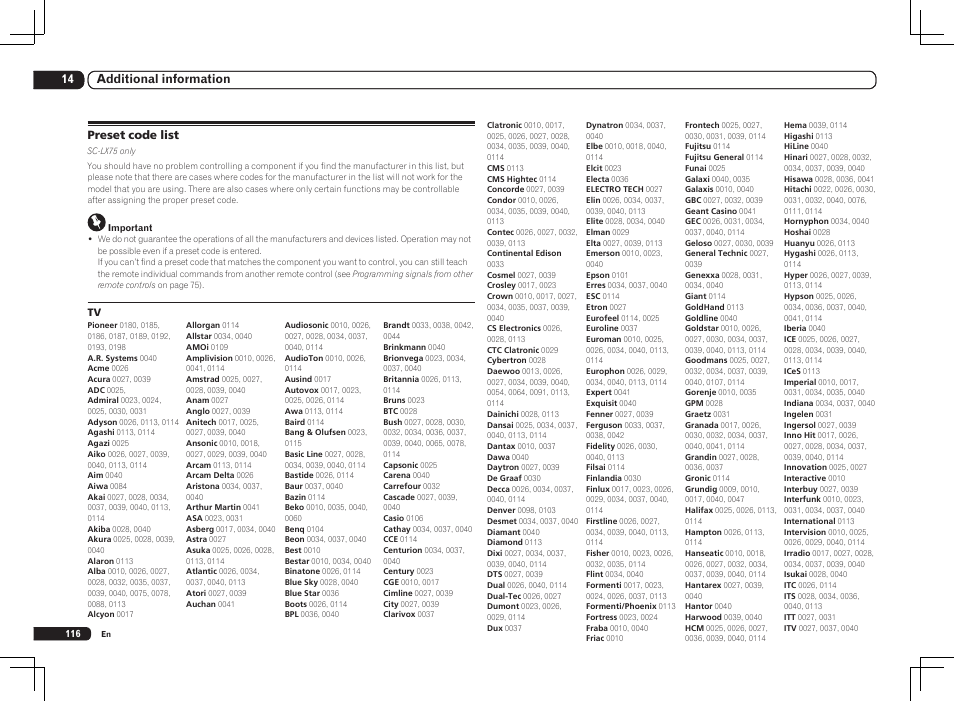 Preset code list | Pioneer SC-LX85 User Manual | Page 116 / 122