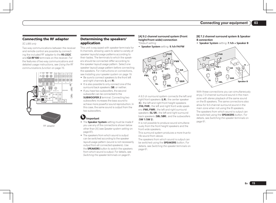 03 connecting your equipment, Connecting the rf adapter, Determining the speakers’ application | Pioneer SC-LX85 User Manual | Page 15 / 122