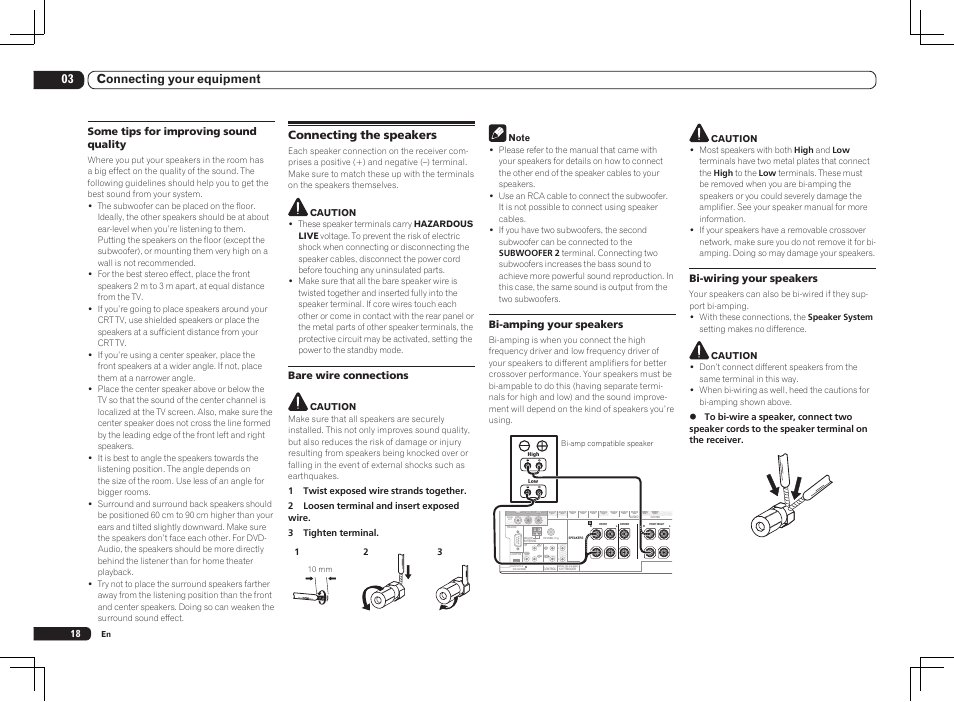 Connecting the speakers, 03 connecting your equipment, Bi-amping your speakers | Bi-wiring your speakers, Some tips for improving sound quality, Bare wire connections | Pioneer SC-LX85 User Manual | Page 18 / 122