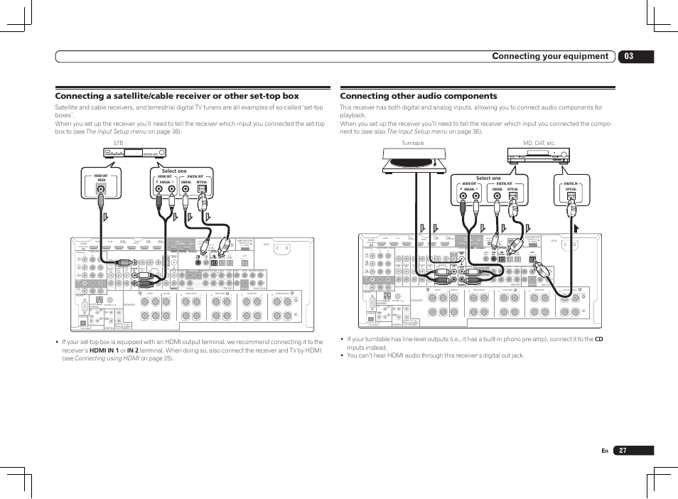 Single), 03 connecting your equipment, Connecting other audio components | Select one stb, Md, dat, etc. turntable select one | Pioneer SC-LX85 User Manual | Page 27 / 122