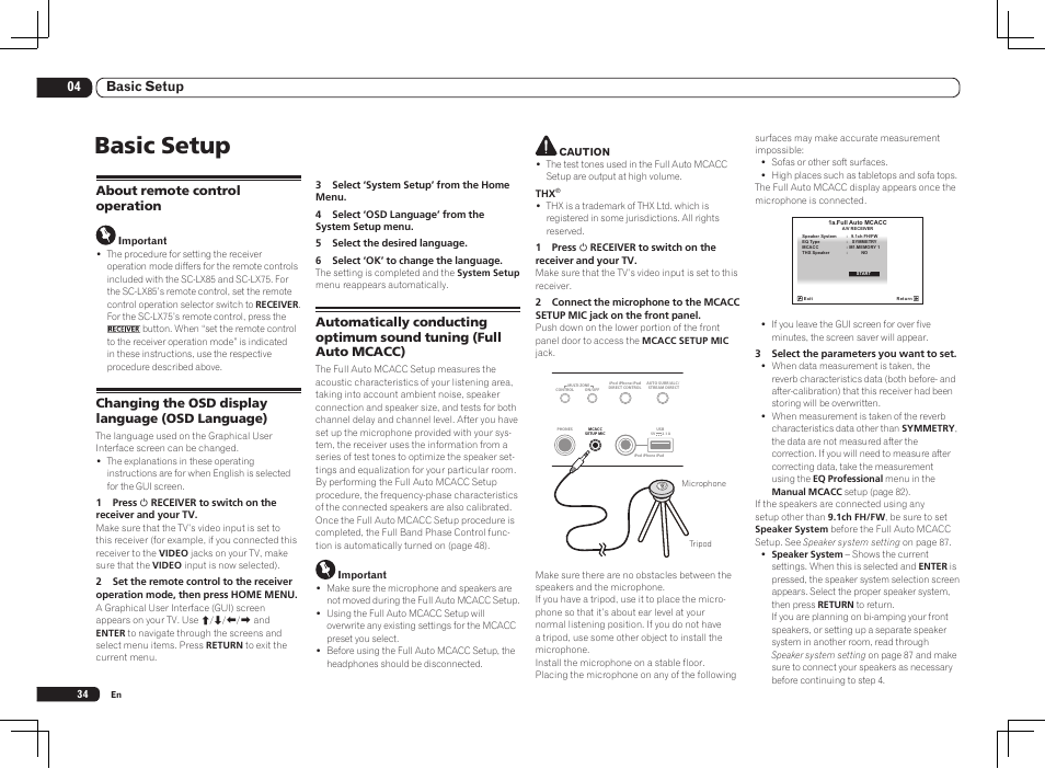 Basic setup, 04 basic setup, About remote control operation | Changing the osd display language (osd language) | Pioneer SC-LX85 User Manual | Page 34 / 122