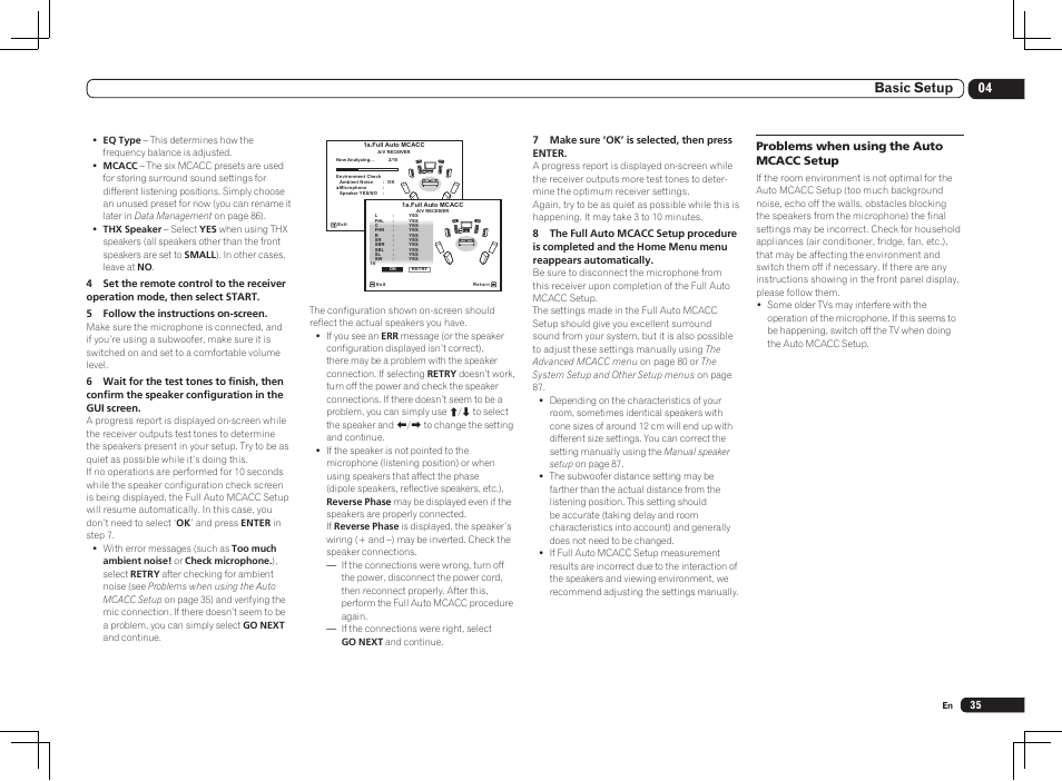 04 basic setup, Problems when using the auto mcacc setup | Pioneer SC-LX85 User Manual | Page 35 / 122