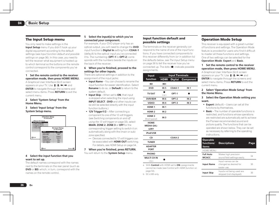 The input setup menu operation mode setup, 04 basic setup, Operation mode setup | The input setup menu | Pioneer SC-LX85 User Manual | Page 36 / 122