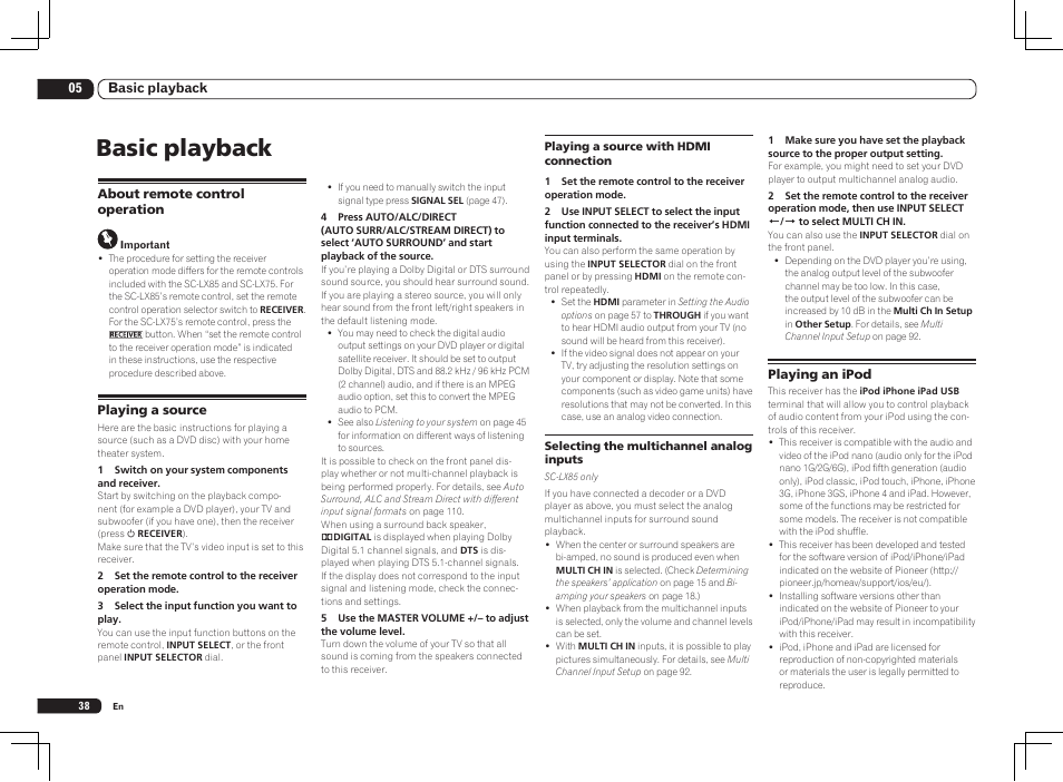 Basic playback | Pioneer SC-LX85 User Manual | Page 38 / 122