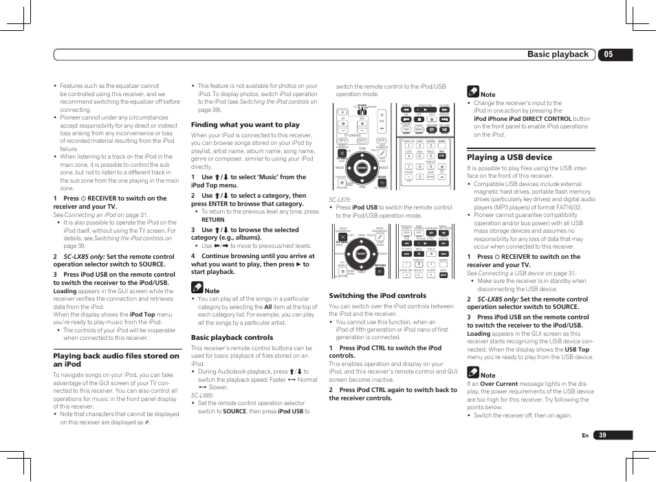 Playing a usb device, 05 basic playback, Playing back audio files stored on an ipod | Finding what you want to play, Basic playback controls, Switching the ipod controls | Pioneer SC-LX85 User Manual | Page 39 / 122