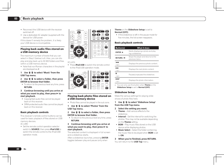 05 basic playback, Basic playback controls, Slideshow setup | Pioneer SC-LX85 User Manual | Page 40 / 122
