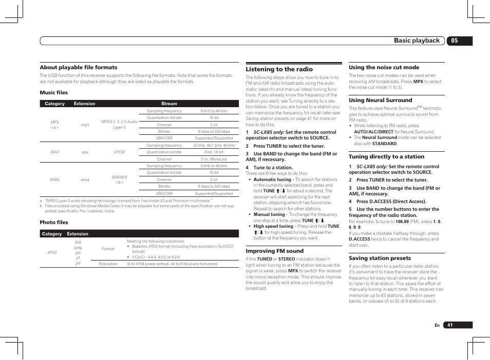 Listening to the radio, 05 basic playback | Pioneer SC-LX85 User Manual | Page 41 / 122