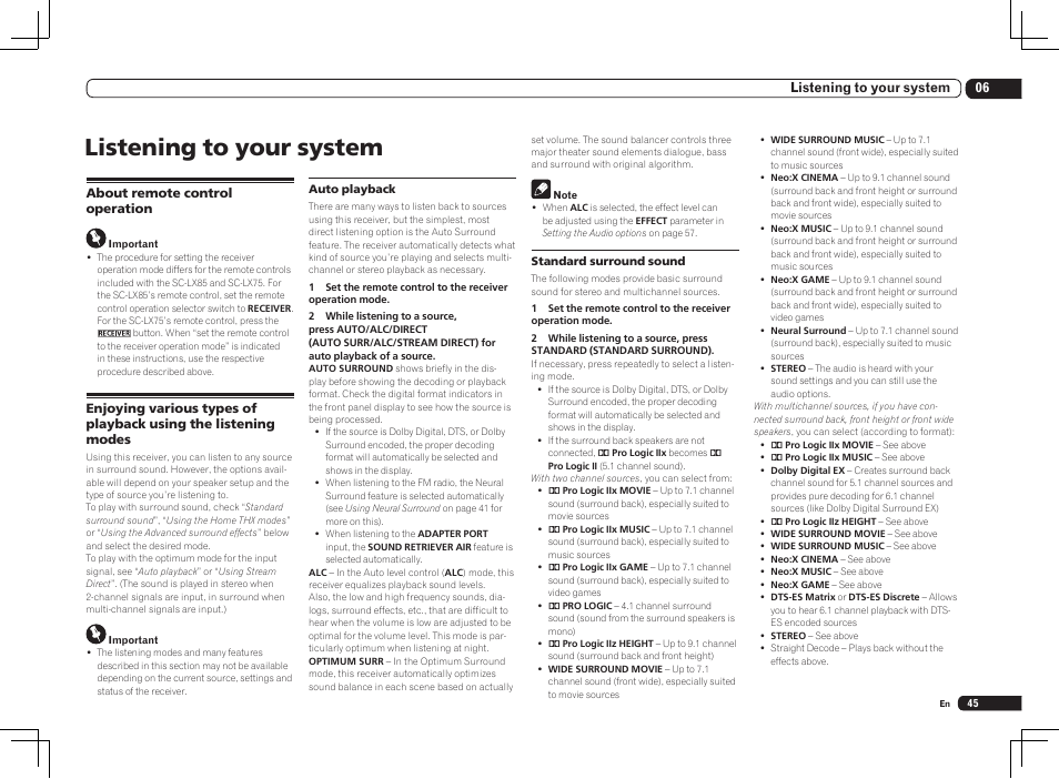 Listening to your system | Pioneer SC-LX85 User Manual | Page 45 / 122