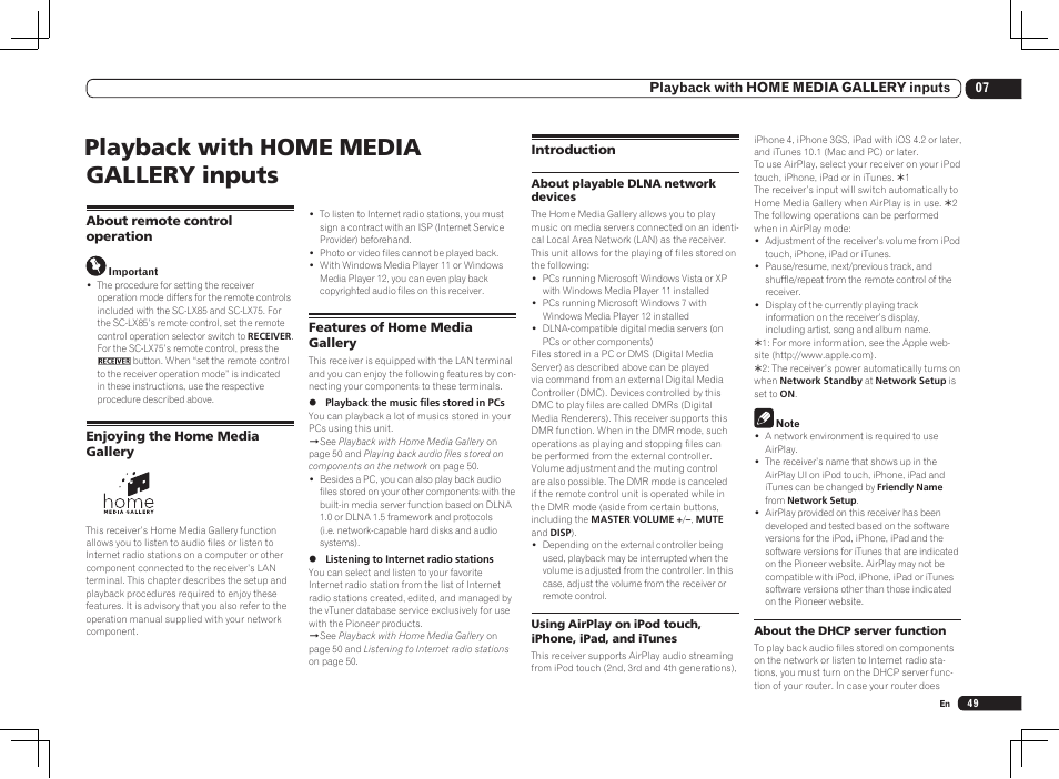 Playback with home media gallery inputs | Pioneer SC-LX85 User Manual | Page 49 / 122