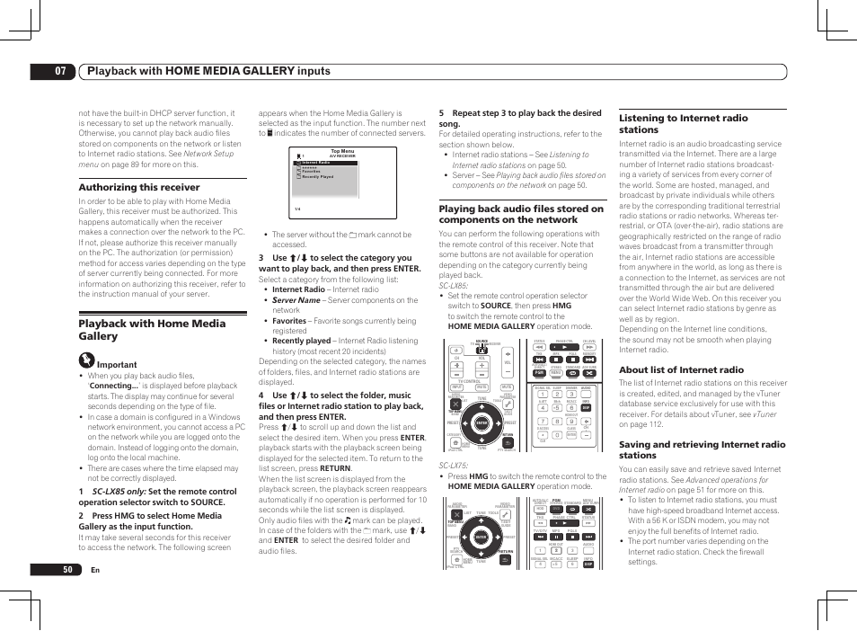 Playback with home media gallery, 07 playback with home media gallery inputs, Listening to internet radio stations | About list of internet radio, Saving and retrieving internet radio stations, Authorizing this receiver, 5 repeat step 3 to play back the desired song, Important | Pioneer SC-LX85 User Manual | Page 50 / 122