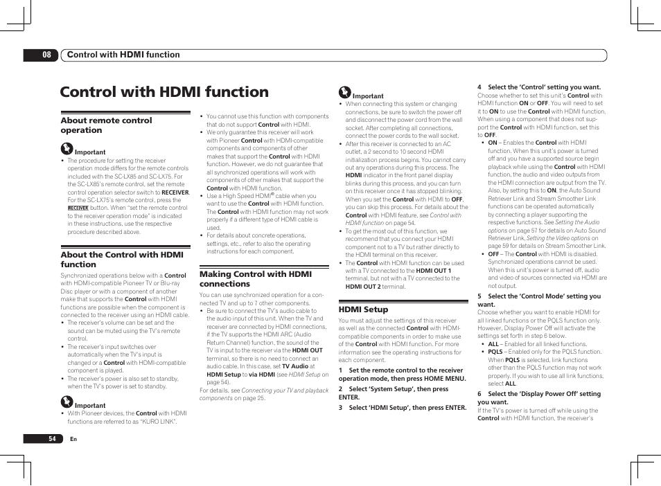 Control with hdmi function | Pioneer SC-LX85 User Manual | Page 54 / 122