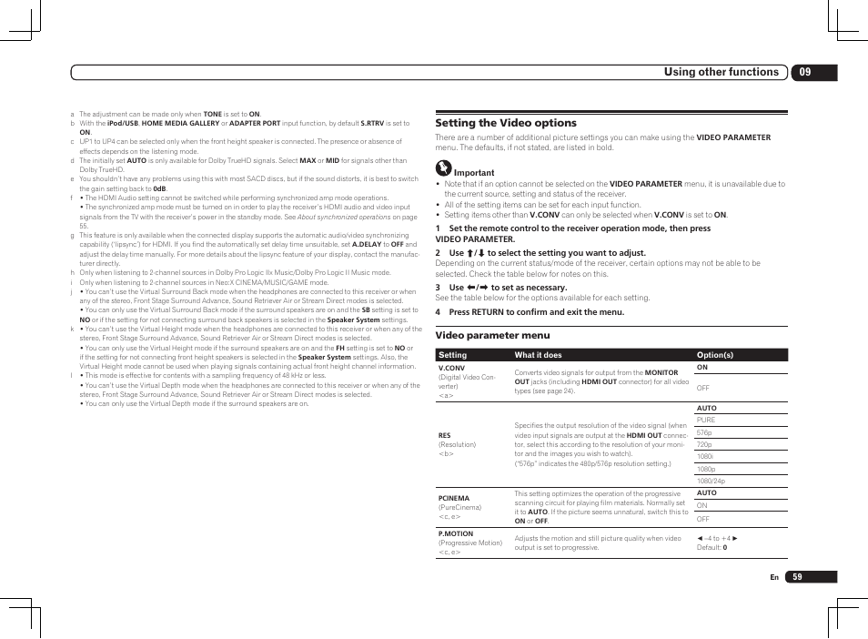 Setting the video options, 09 using other functions | Pioneer SC-LX85 User Manual | Page 59 / 122