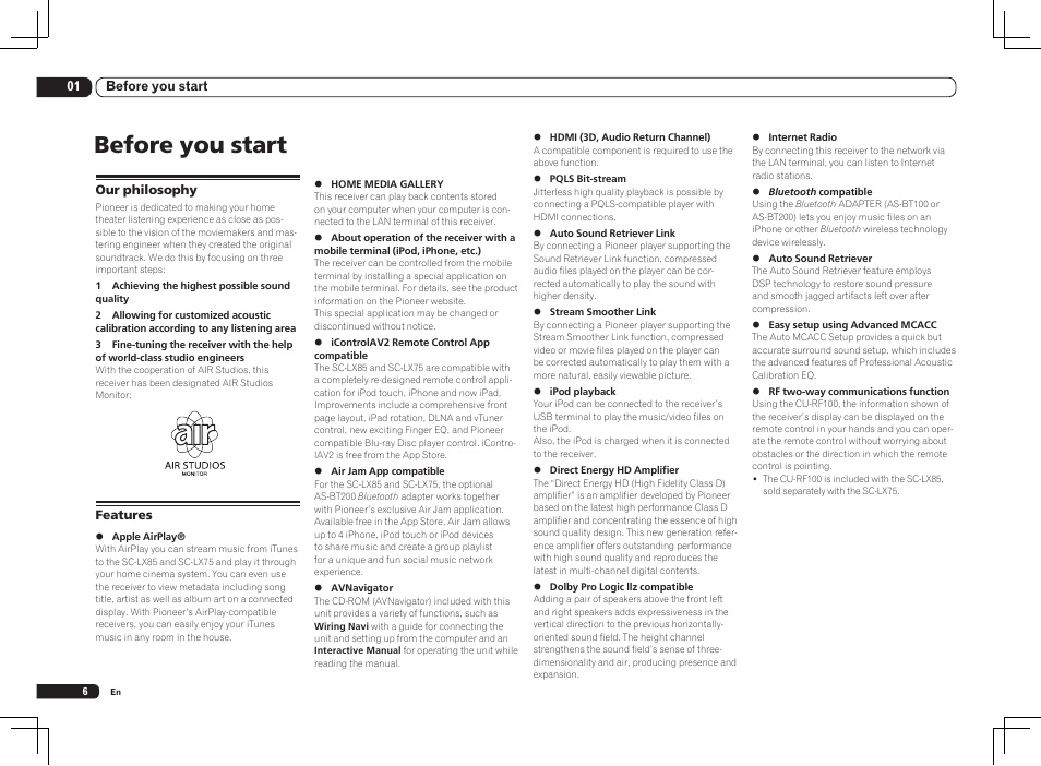 Our philosophy features, Before you start | Pioneer SC-LX85 User Manual | Page 6 / 122